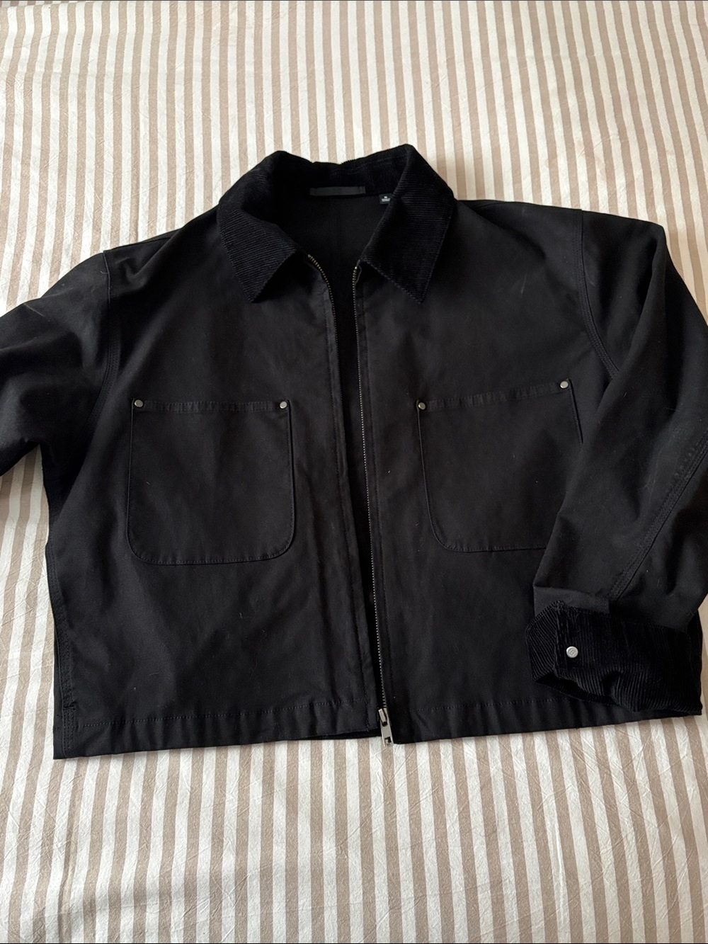 Uniqlo Women’s Black Lightweight Zip Jacket with Corduroy Collar Utility Jacket
